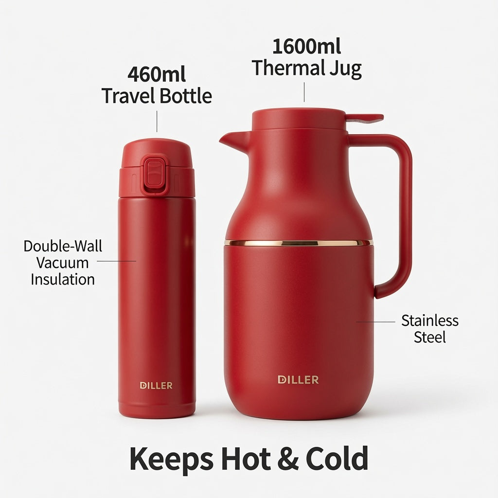 DILLER Vacuum Flask & Thermal Bottle Gift Set – 1600ml Jug + 460ml Travel Bottle – Double Wall Stainless Steel Insulated