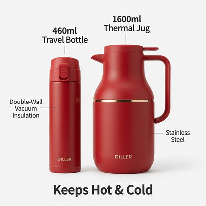 DILLER Vacuum Flask & Thermal Bottle Gift Set – 1600ml Jug + 460ml Travel Bottle – Double Wall Stainless Steel Insulated