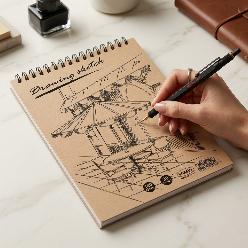 Hand sketching in the open Yassin silk sketchbook on a desk