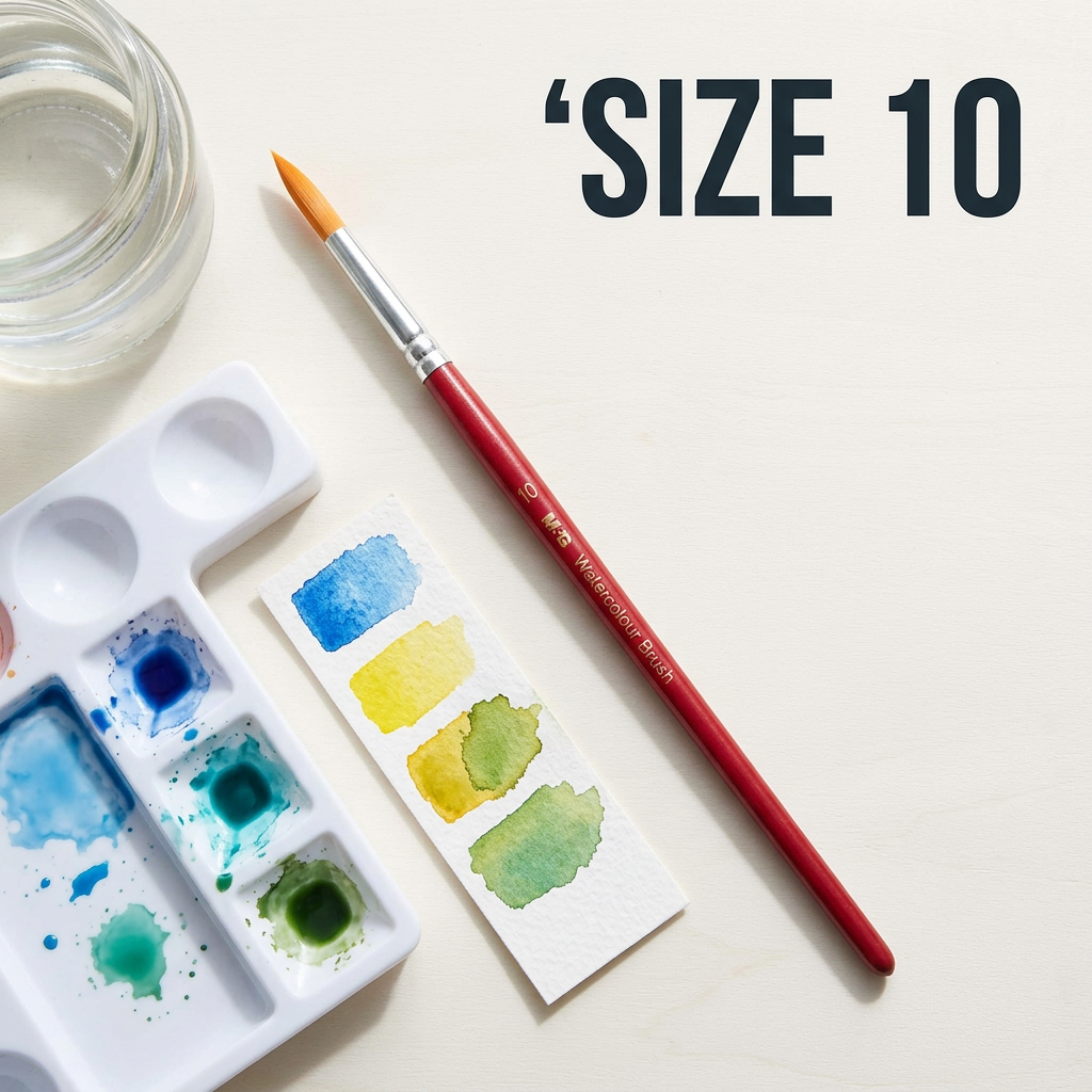 M&G watercolor round brush size 10 flatlay with palette and swatches