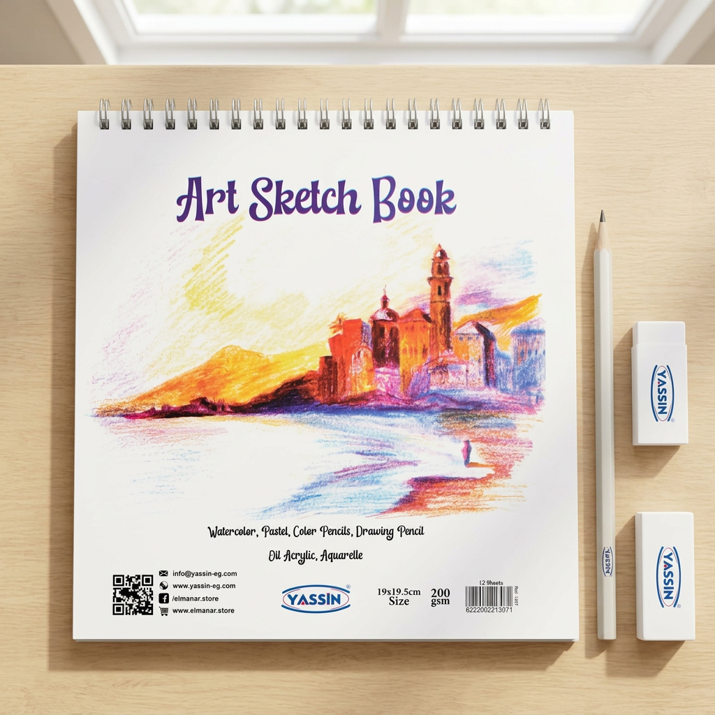 Yassin small white wire-bound sketchbook flatlay with pencil and eraser