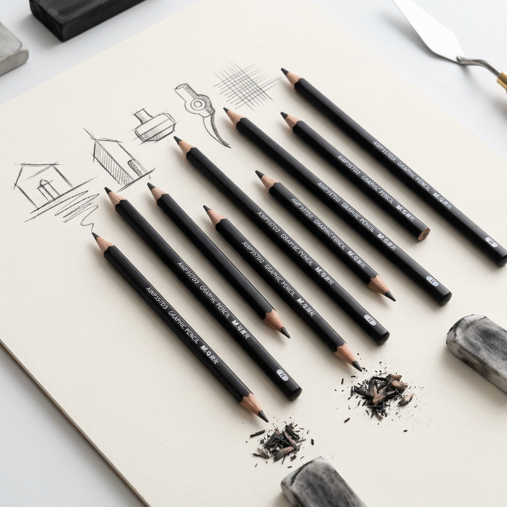 M&G hard sketch charcoal pencils flatlay with charcoal sketch