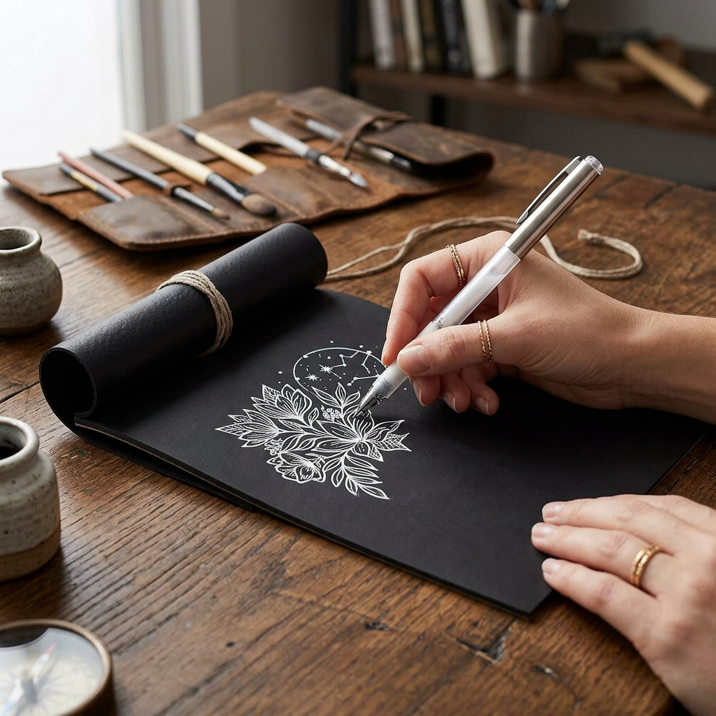 Hand drawing with a white gel pen on a black page of the Yassin black sketchbook