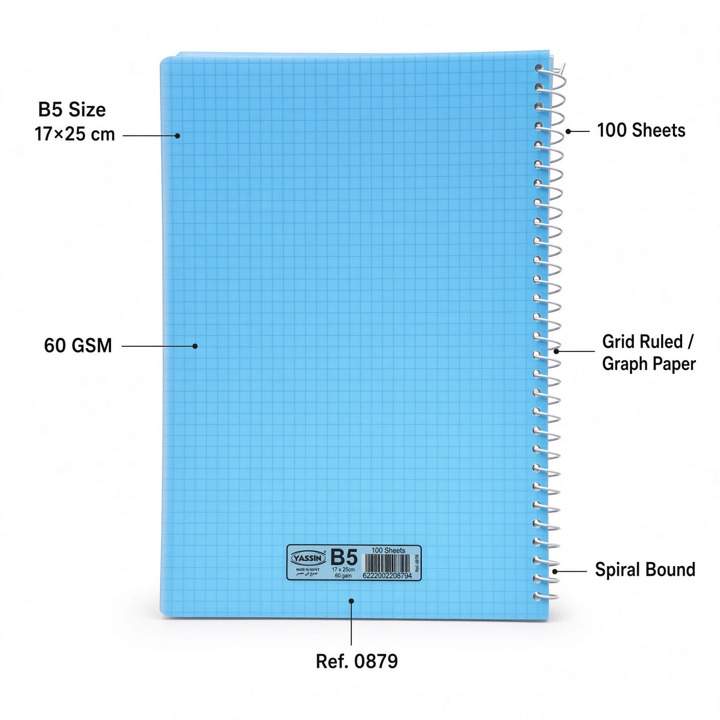 YASSIN Geometric Notebook B5 – 100 Sheets, Grid Ruled, Spiral Bound, 17 × 25 cm, 60 GSM - No: 0879