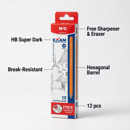 M&G Chenguang Exam HB Wooden Pencils – Super Dark Graphite with Free Sharpener & Eraser, 12-Pack, School & Exam Writing - No: AWP32014