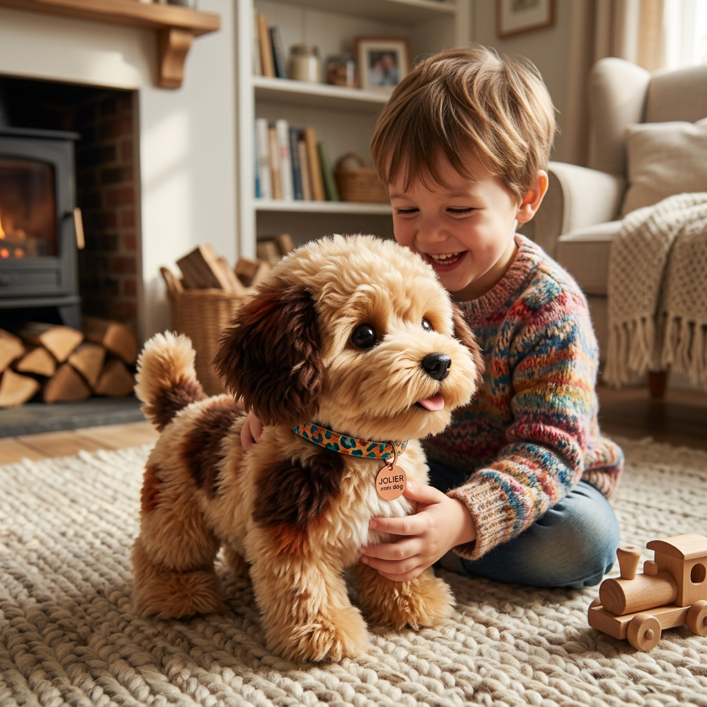 Child playing with the Jolier mini dog plush pet