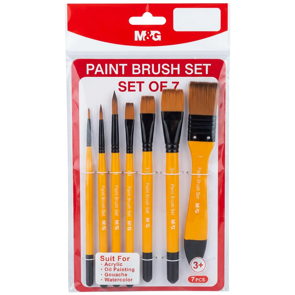 M&G set of 7 paint brushes studio packshot with label