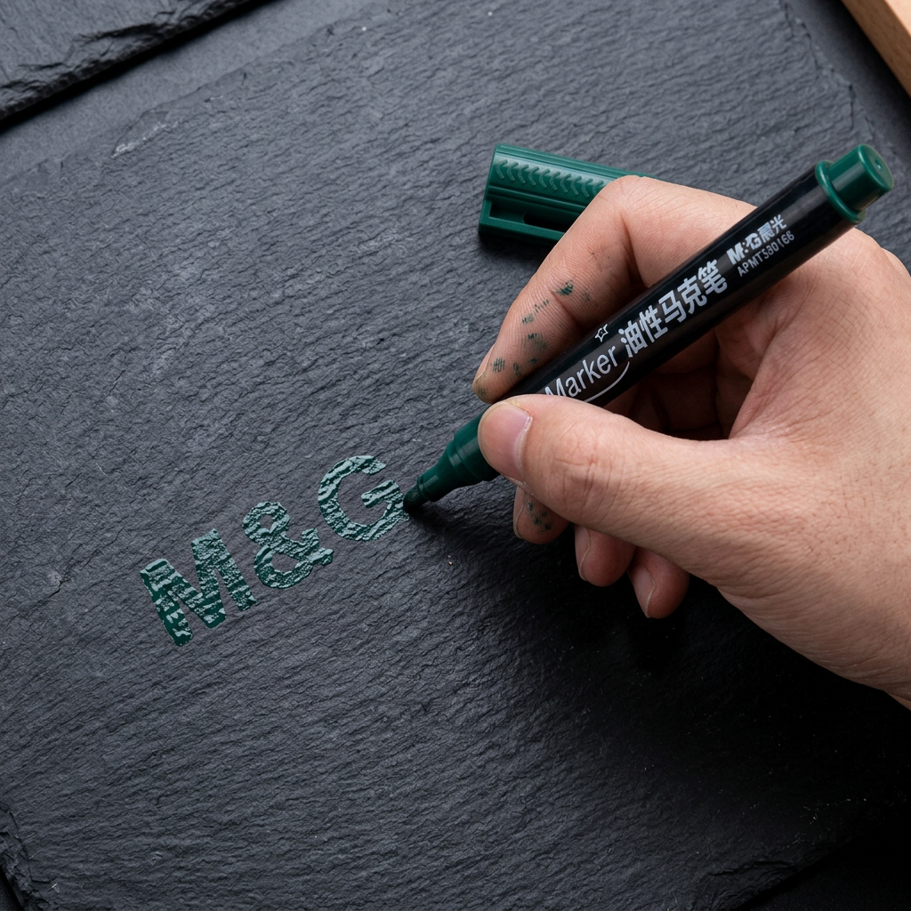 Hand writing on a dark surface with the M&G oil-based paint marker