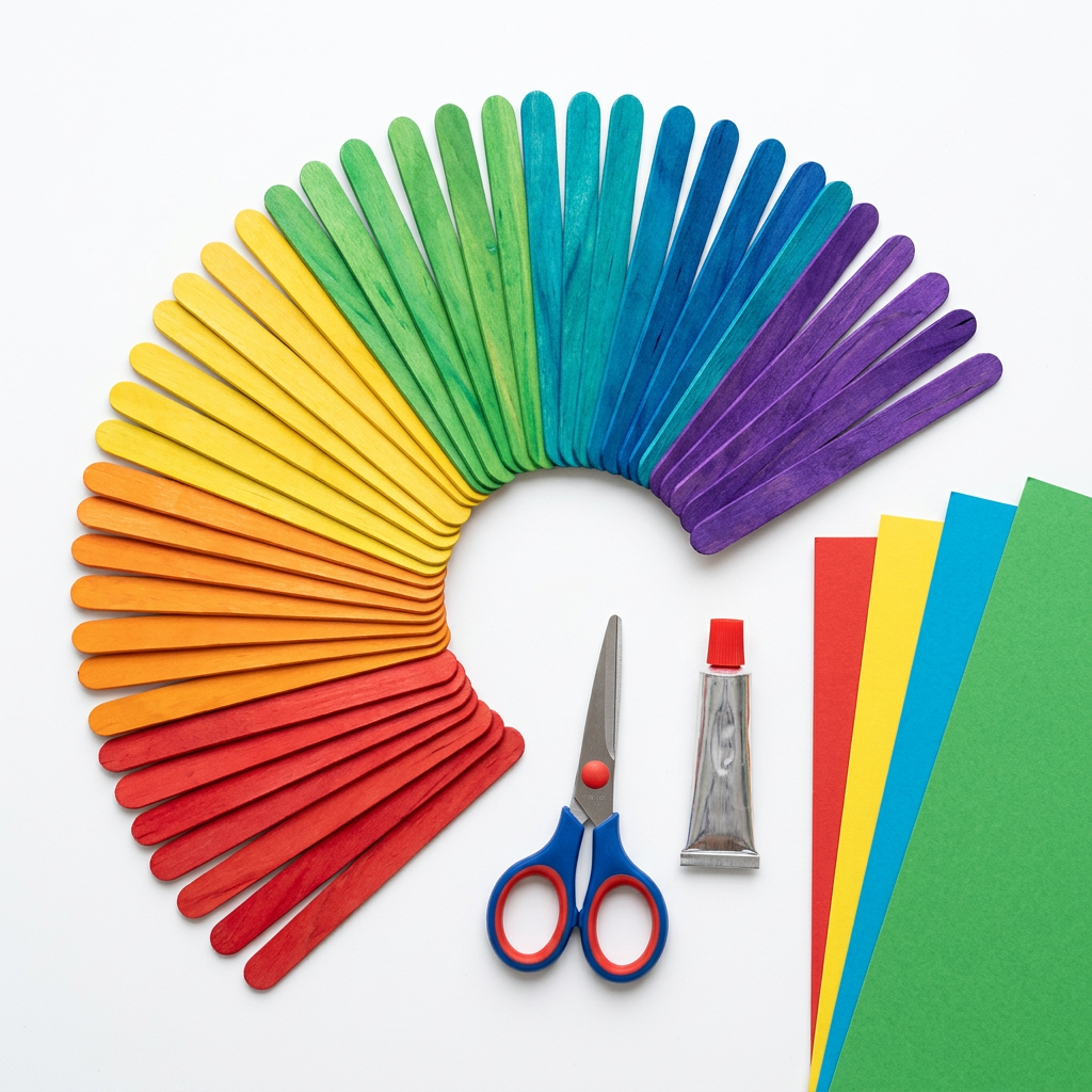 Wooden craft ice cream sticks flatlay with scissors glue and paper