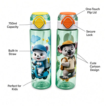 Kids Cartoon Water Bottle with Built-In Straw & One-Touch Flip Lid – 750ml - 1pcs - Assorted Color