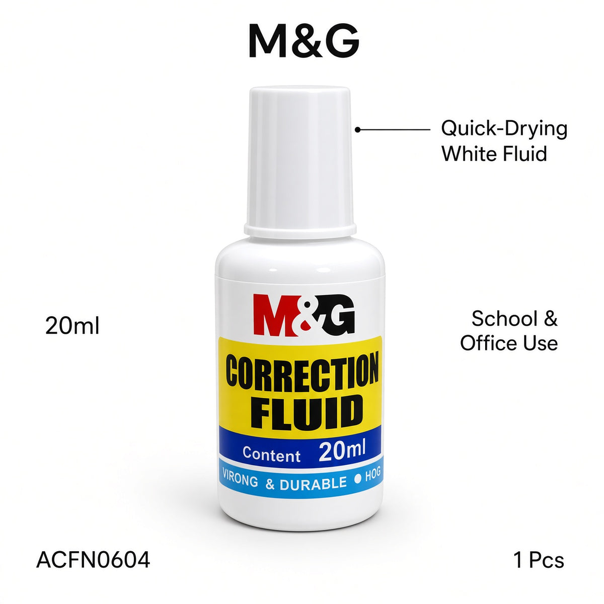 M&G Chenguang Correction Fluid 20ml – Quick-Drying White Correction Liquid for Writing Mistakes - 1pcs - No: ACFN0604