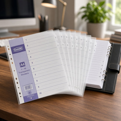 YASSIN A4 10-Section Transparent Index Dividers – Numbered File Organizer with Reinforced Mylar Tabs - No: 2110