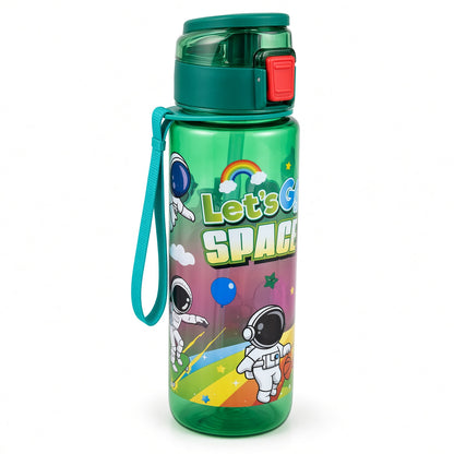 Kids Space Adventure Water Bottle 1000ml with Straw, Flip-Top Lid & Carry Strap - 1pcs