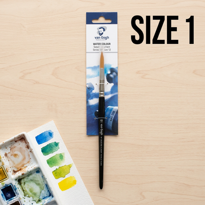 Van Gogh round brush No.191 size 1 flatlay with palette and swatches
