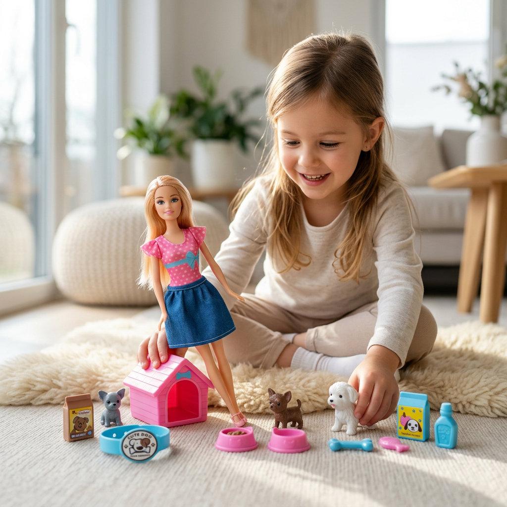 Girl playing with the Elissa fashion doll and pets playset