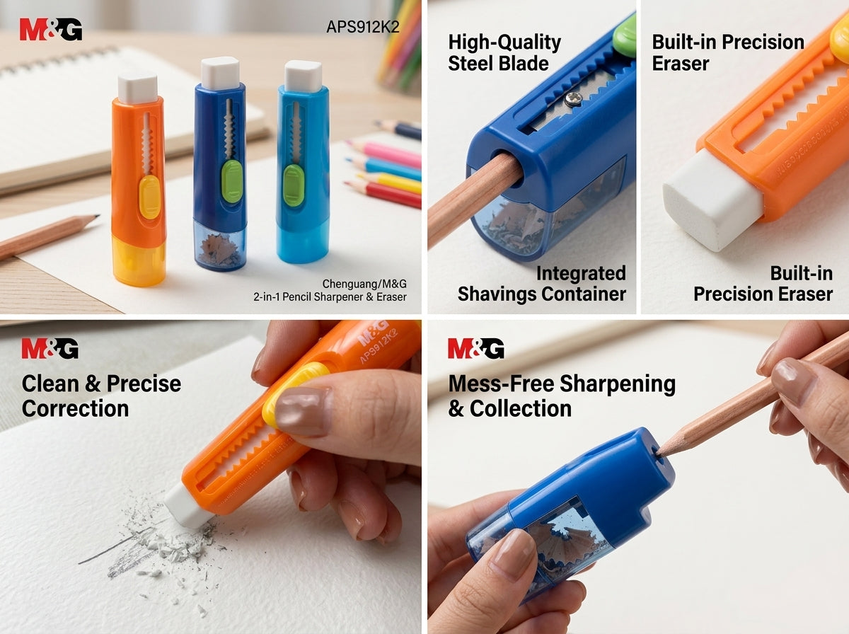 M&G Chenguang Pencil Sharpener with Eraser – 2-in-1 Safety Pencil Sharpener & Eraser with Shavings Container - 1pcs - No: APS912K2