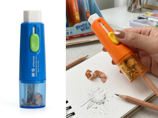 M&G Chenguang Pencil Sharpener with Eraser – 2-in-1 Safety Pencil Sharpener & Eraser with Shavings Container - 1pcs - No: APS912K2