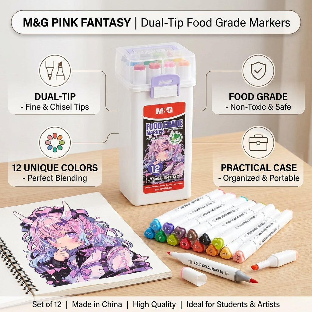 M&G Chenguang Pink Fantasy Dual Tip Food Grade Markers – 12 Colors Art Marker Set with Storage Case - No:APMT80D4