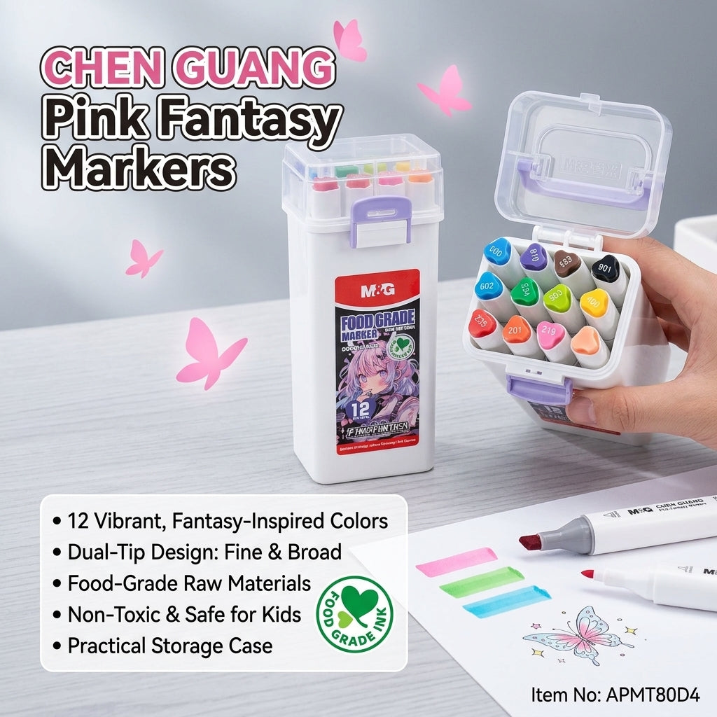 M&G Chenguang Pink Fantasy Dual Tip Food Grade Markers – 12 Colors Art Marker Set with Storage Case - No:APMT80D4