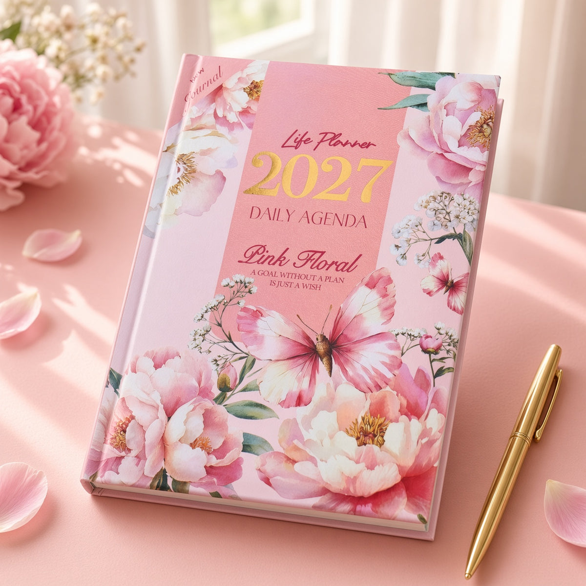 Mofakera Pink Floral Hardcover Daily Agenda 2027 – Premium Planner with Gift Card & Bookmark - Size: A5 - Pink (Agenda)
