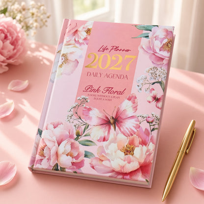 Mofakera Pink Floral Hardcover Daily Agenda 2027 – Premium Planner with Gift Card & Bookmark - Size: A5 - Pink (Agenda)