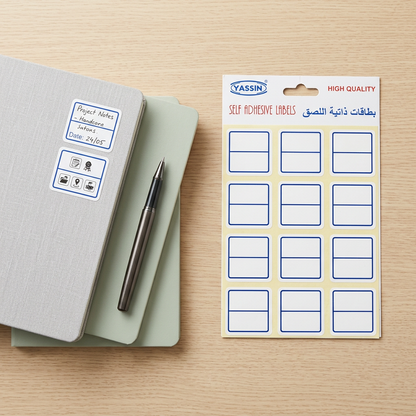 Yassin small white blue-bordered labels pack flatlay with notebooks