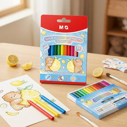 M&G Chenguang Plastic Crayons 12 Colors – Non-Toxic, Smooth Drawing Set for Kids & Artists - No:AGMX4164