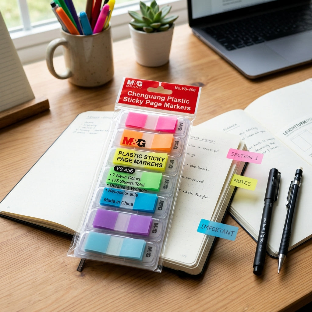 M&G Chenguang Plastic Sticky Page Markers – 7 Neon Colors, 25 Sheets per Color (175 Total), Repositionable Writable Index Tabs – 1pcs -No YS-456