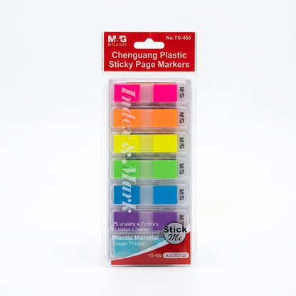 M&G Chenguang Plastic Sticky Page Markers – 7 Neon Colors, 25 Sheets per Color (175 Total), Repositionable Writable Index Tabs – 1pcs -No YS-456