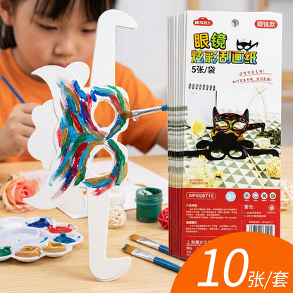 Child painting a blank white paper face mask at a craft table