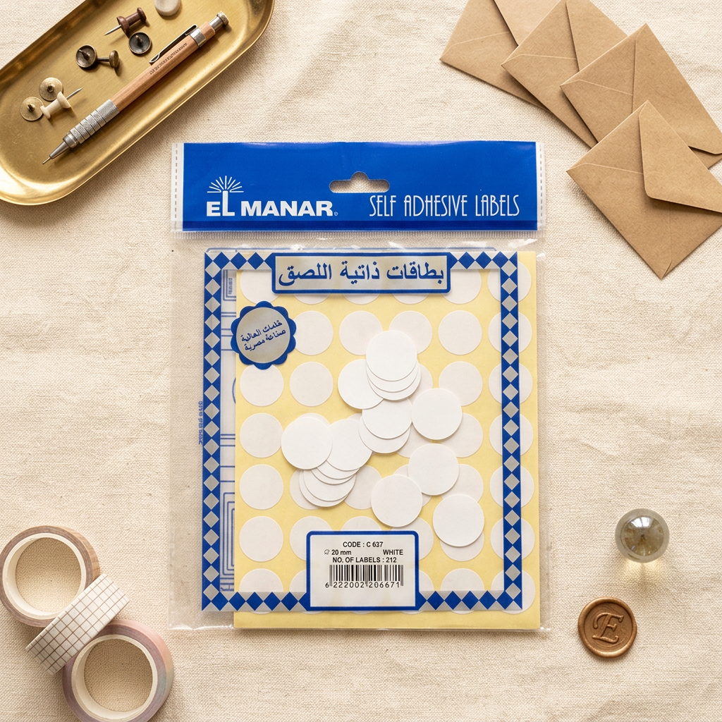 El Manar white round labels pack flatlay with round labels in a row
