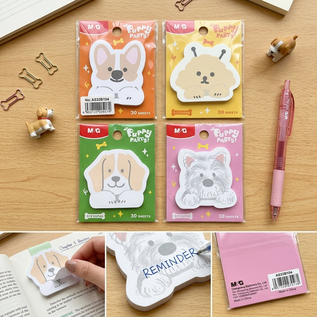 M&G Chenguang Puppy Party Die-Cut Sticky Notes – Cute Animal Memo Pad, 3 × 2 Inches, 30 Sheets, Assorted Designs - 1pcs - No: AS32B104