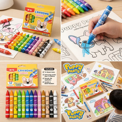 M&G Chenguang Puppy Party Jumbo Crayons – 12 Colors Jumbo Wax Crayon Set (11 × 100 mm) | Easy-Grip Coloring Crayons for Kids - No:AGMX4241