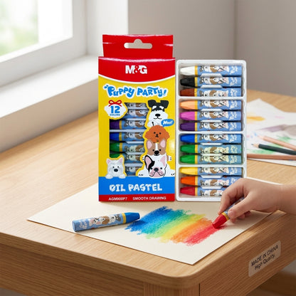 M&G Chenguang Puppy Party Oil Pastels – 12 Vibrant Colors, Smooth Drawing Crayons for Kids, School & Art Projects - No: AGM900P7