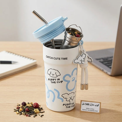 500ml Stainless Steel Insulated Tumbler with Straw & Tea Infuser – Puppy Design, Leakproof Thermal Travel Cup