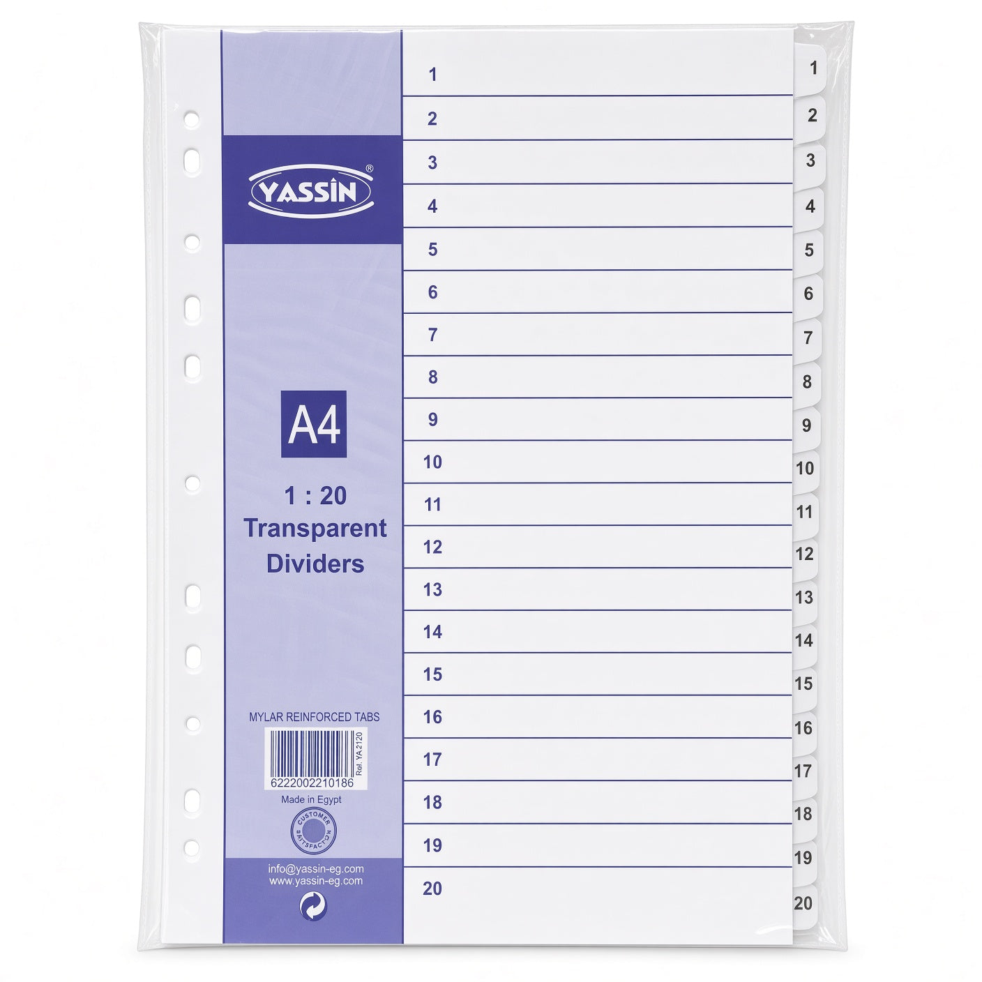 Yassin A4 Transparent Dividers 1–20, 20-Tab Index Separators with Mylar Reinforced Tabs - No: 2120