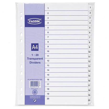 Yassin A4 Transparent Dividers 1–20, 20-Tab Index Separators with Mylar Reinforced Tabs - No: 2120