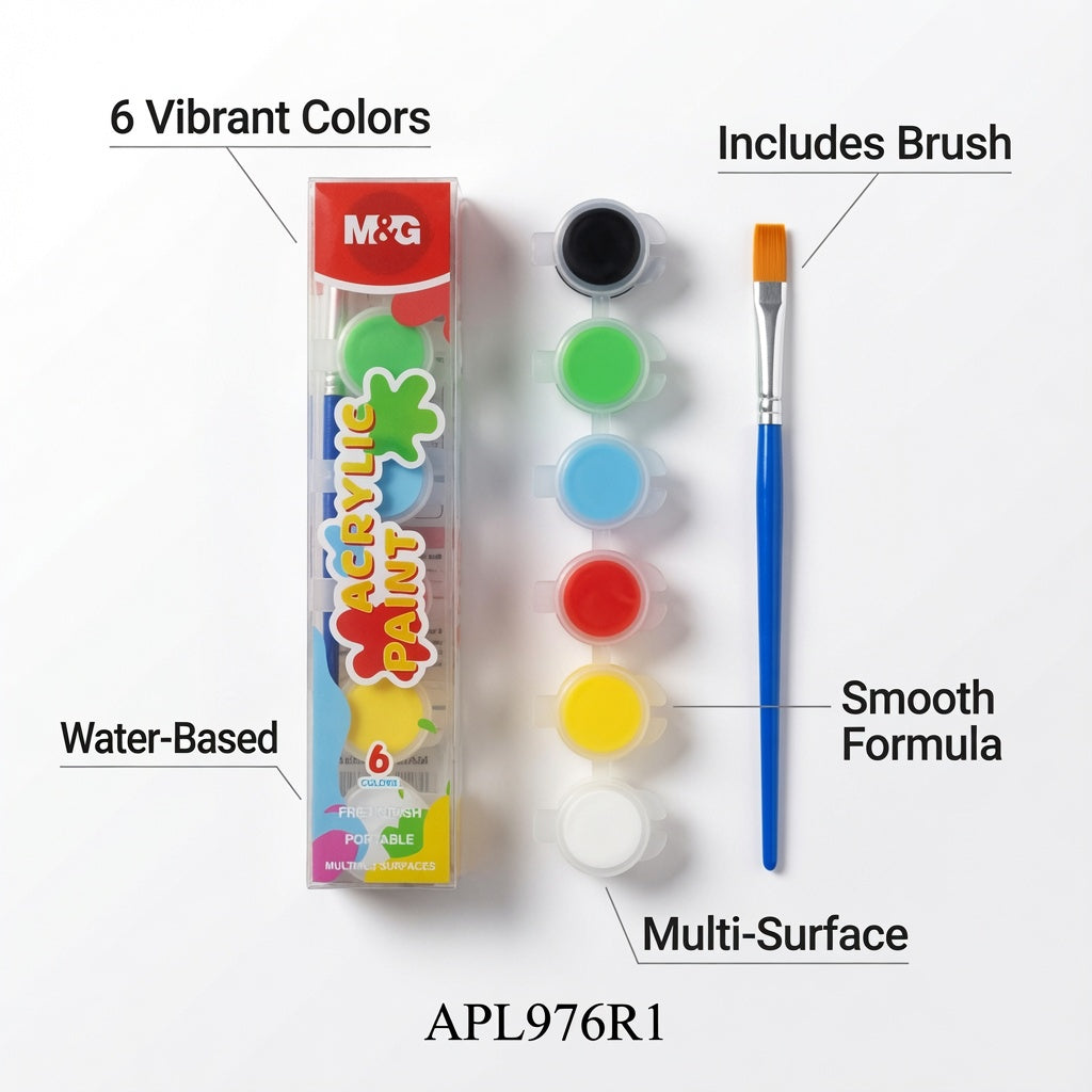 M&G Chenguang Acrylic Paint Set, 6 Bold Vibrant Colors with Brush for Canvas - No: APL976R1