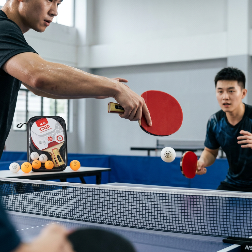 Two people playing table tennis with M&G paddles