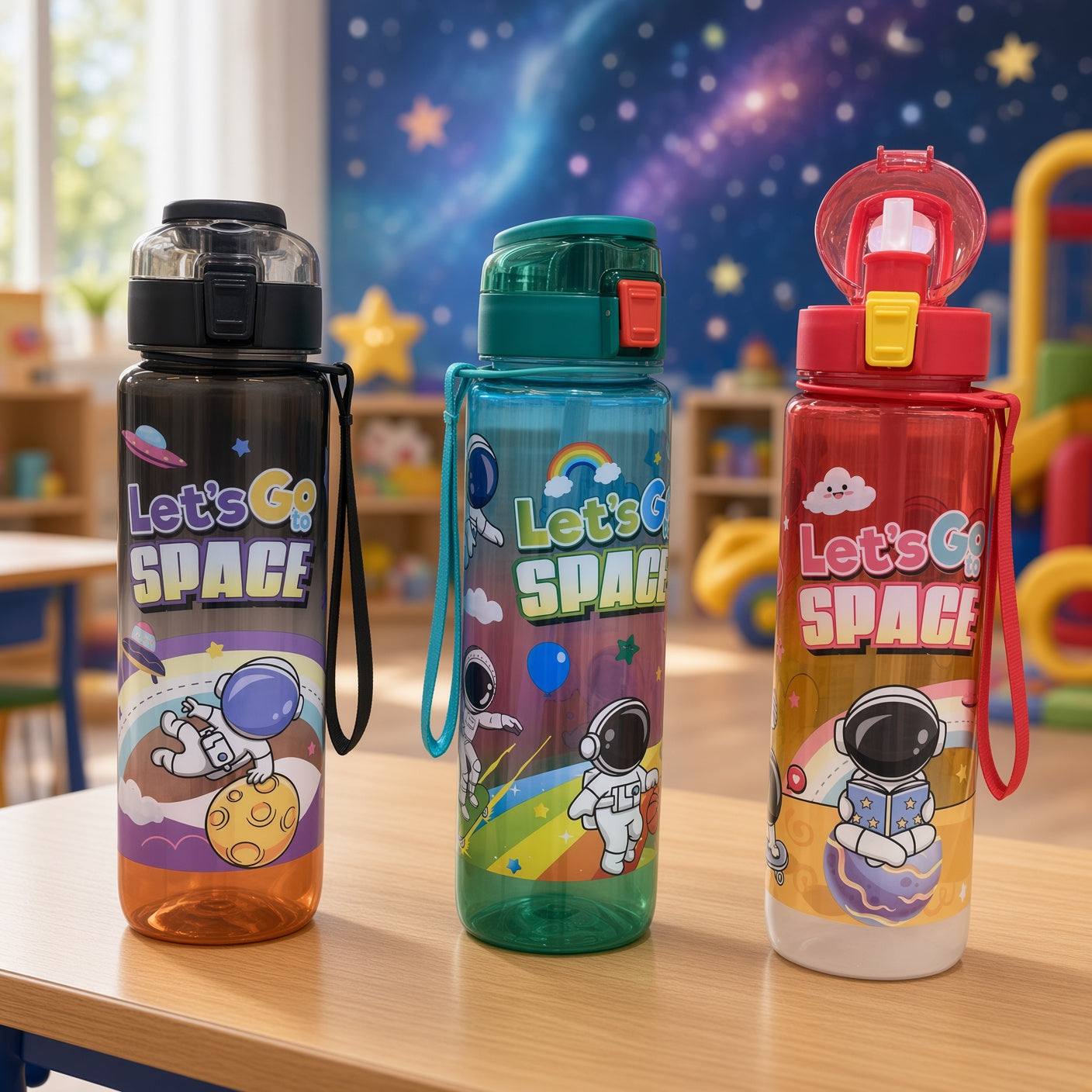 Kids Space Adventure Water Bottle 1000ml with Straw, Flip-Top Lid & Carry Strap - 1pcs