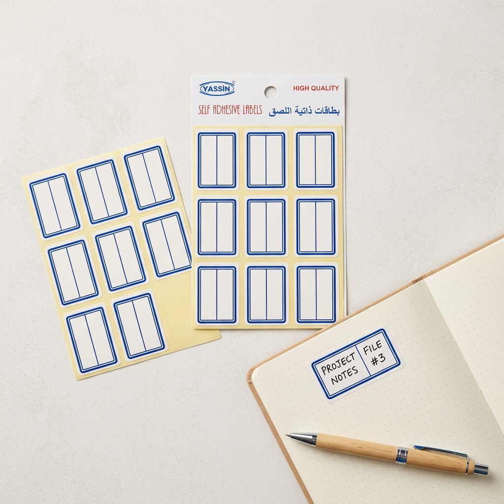 Yassin white blue-bordered labels pack flatlay with handwritten label