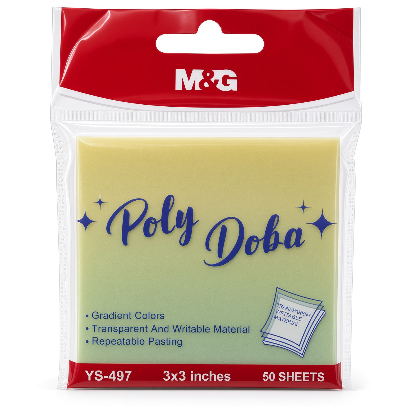 M&G Chenguang Poly Doba Sticky Notes – Gradient Colors, Transparent & Writable, Repositionable, 50 Sheets, 3 × 3 Inches - 1pcs - No: YS-497