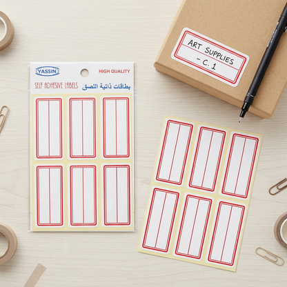 Yassin white red-bordered labels pack flatlay with handwritten label