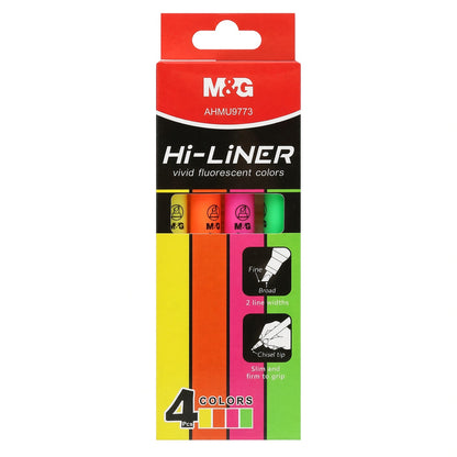 M&G Chenguang Hi-Liner Fluorescent Highlighter Set – 4 Colors, Chisel Tip, Fine & Broad Lines – 1pcs - No: AHMU9773