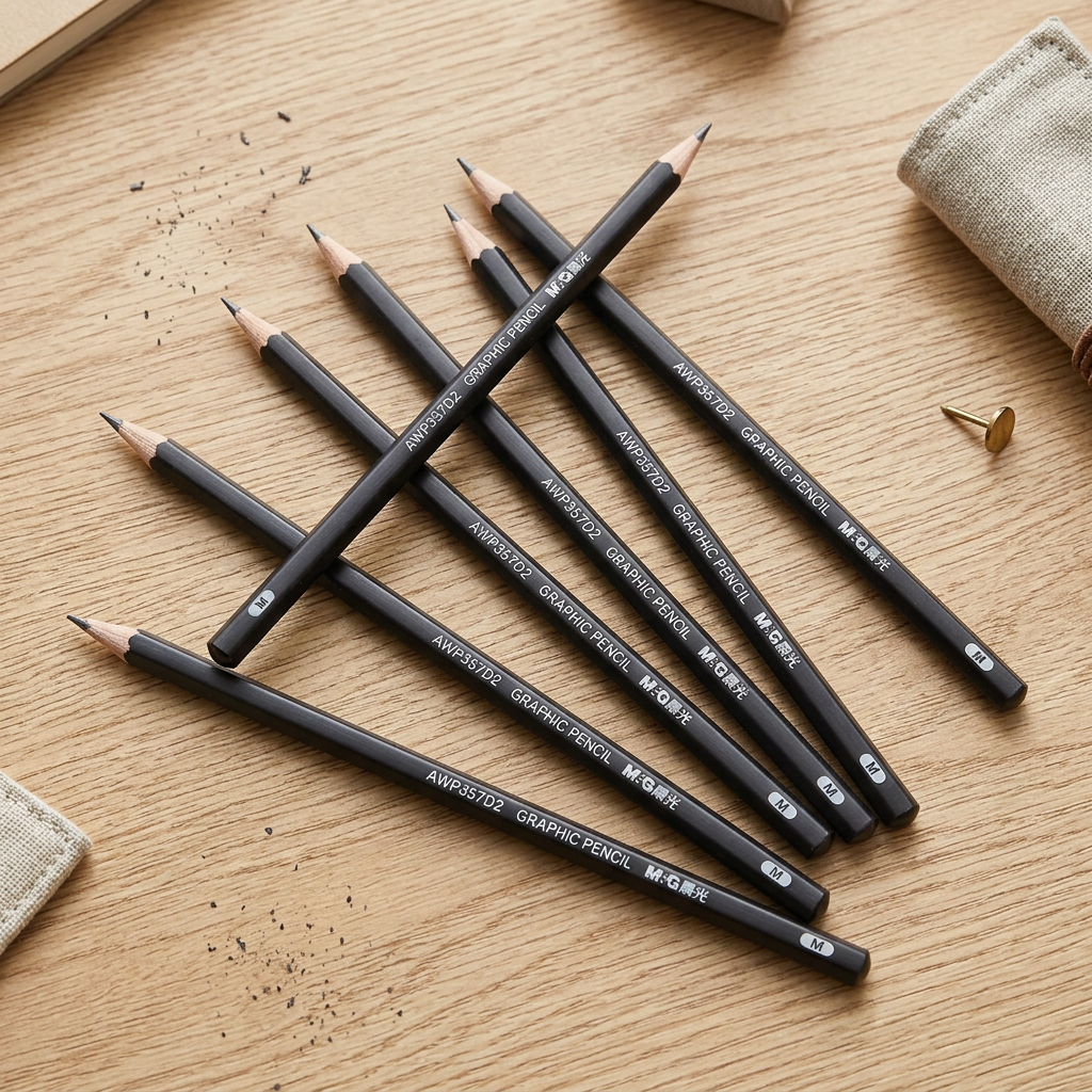 M&G medium sketch charcoal pencils flatlay with charcoal sketch