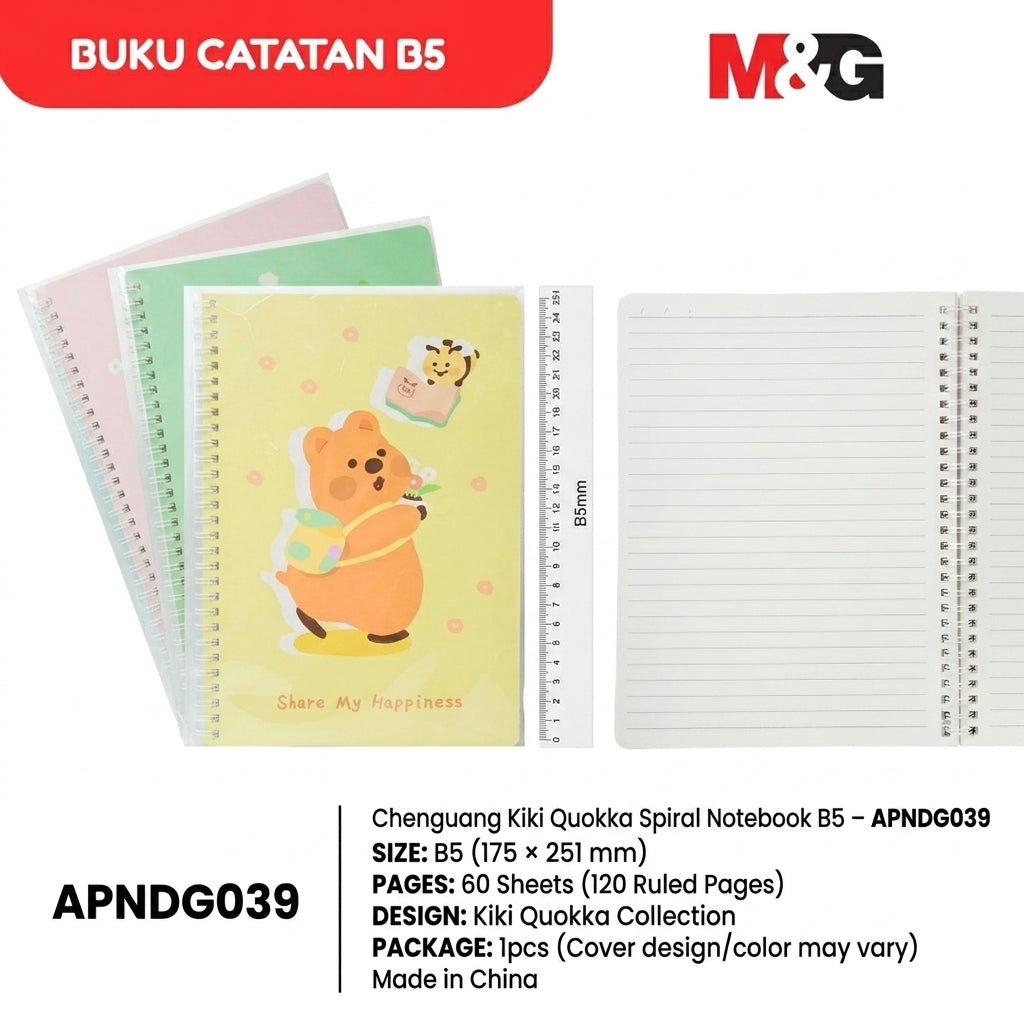 M&G Chenguang Kiki Quokka Spiral Notebook B5  – Ruled, 60 Sheets, 175 × 251 mm - 1pcs - No: APNDG039