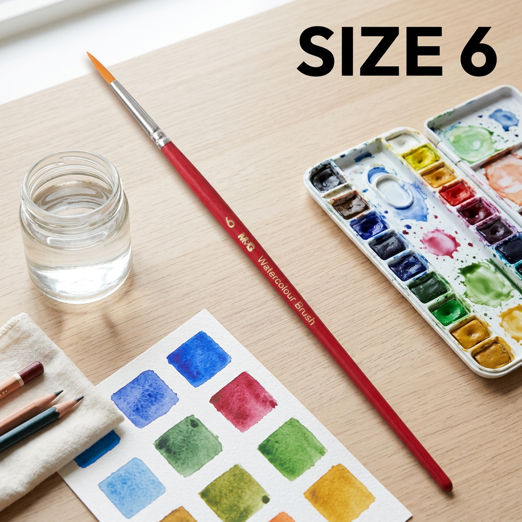 M&G watercolor round brush size 6 flatlay with palette and swatches