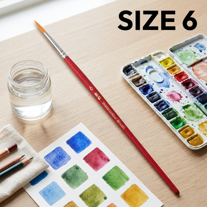 M&G watercolor round brush size 6 flatlay with palette and swatches