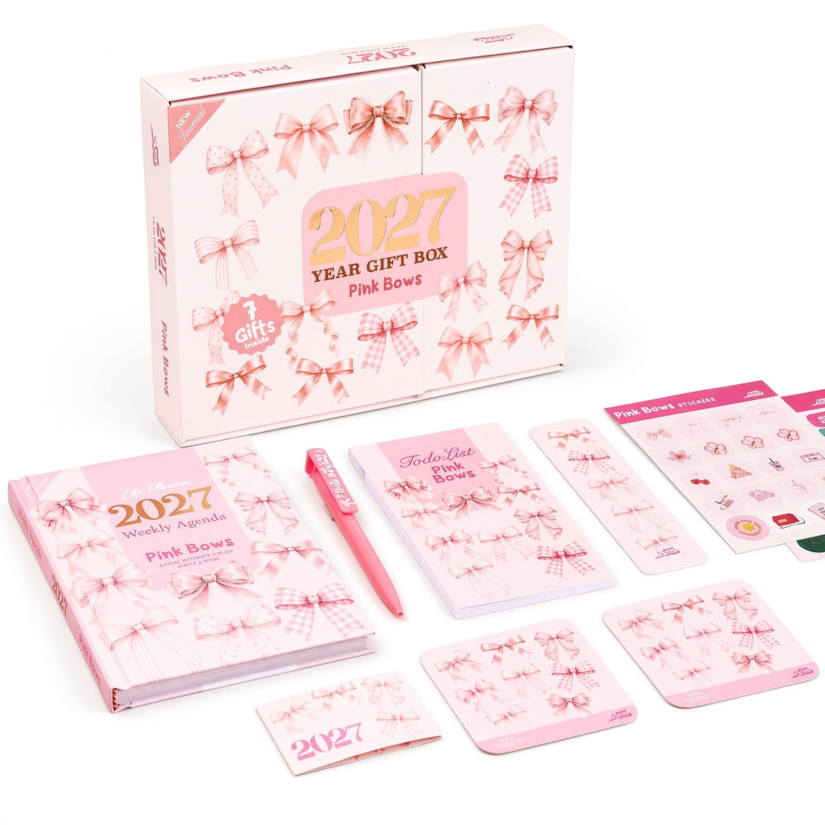 Mofakera Pink Bows Weekly Box 2027 – A5 Weekly Planner & 7-Piece Stationery Gift Set - Pink - ( Agenda )