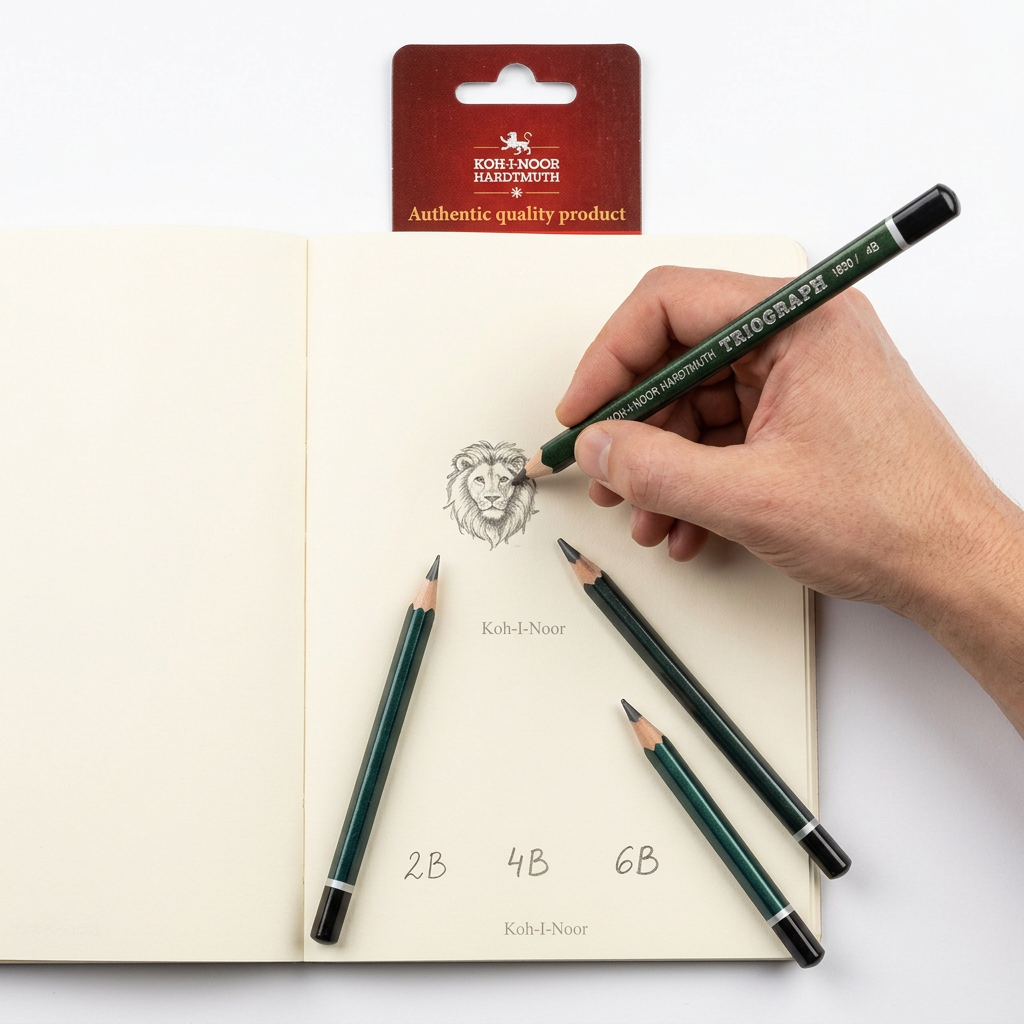 Hand sketching with a Koh-i-Noor triangular graphite pencil, 3-pencil set nearby